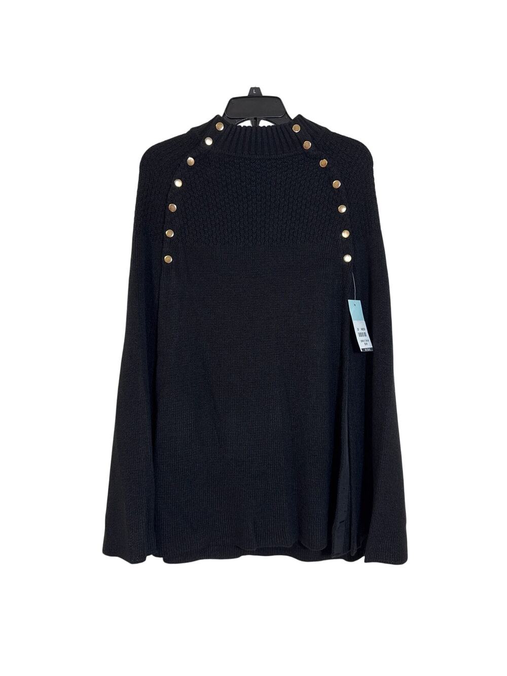 Blue Sol Large Black Sweater Cape Pocho With Gold Accent Buttons